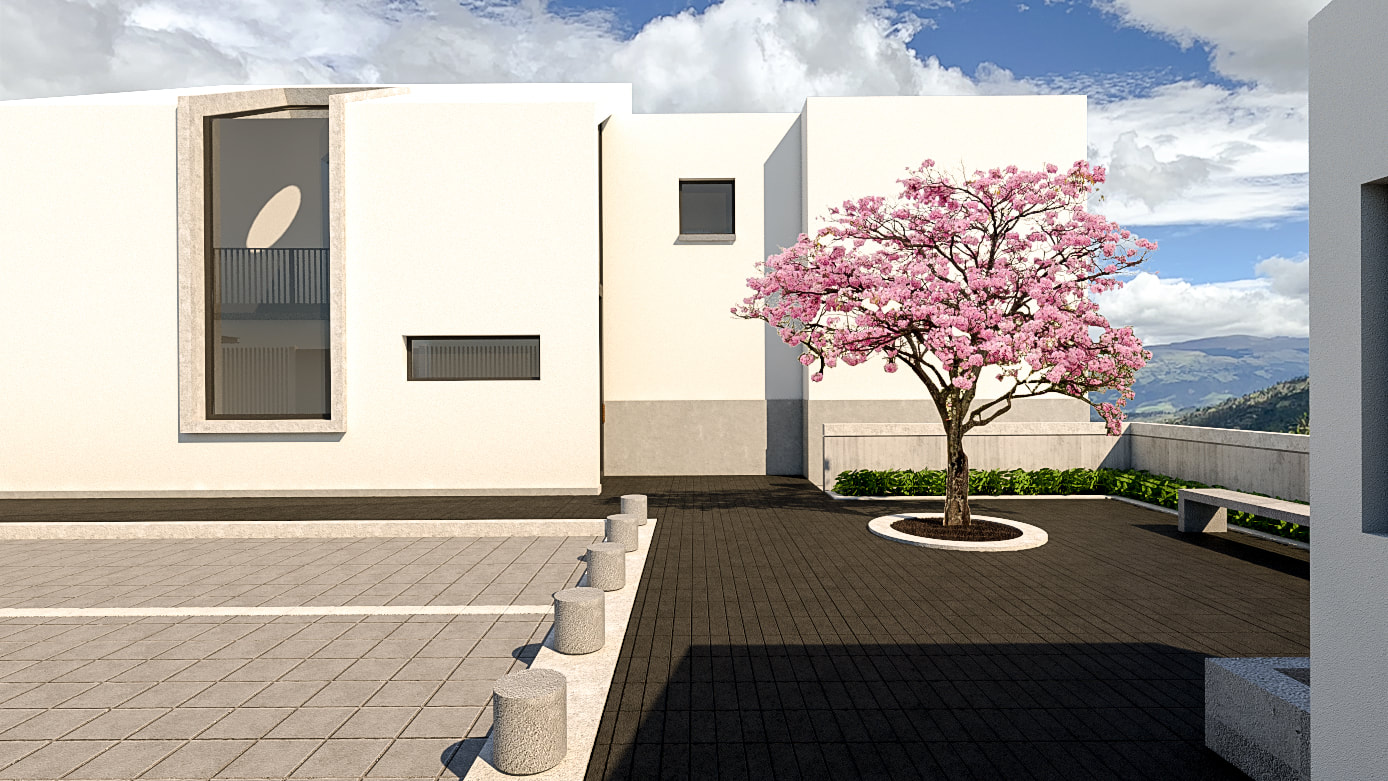 El patio de ingreso y su arupo.